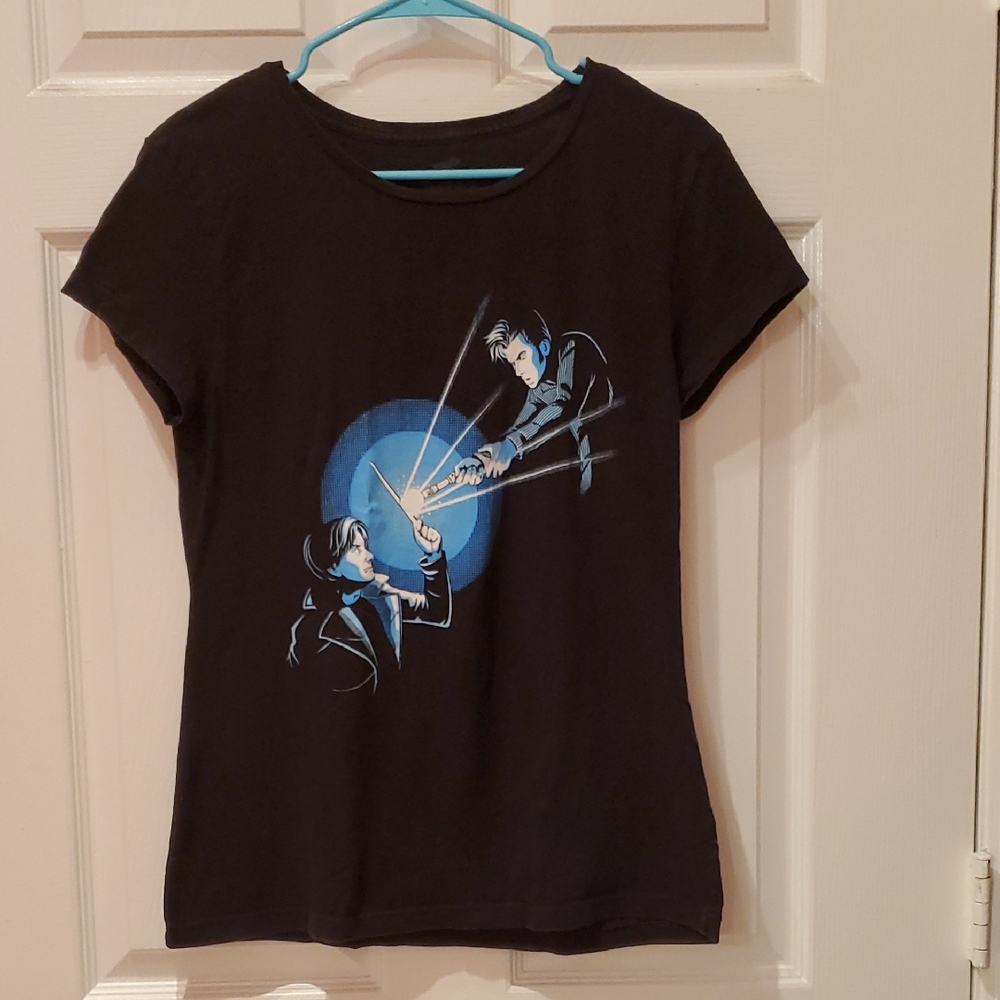 Black Short Sleeve Tee with Blue Graphic Feat. Harry Potter And Doctor Who